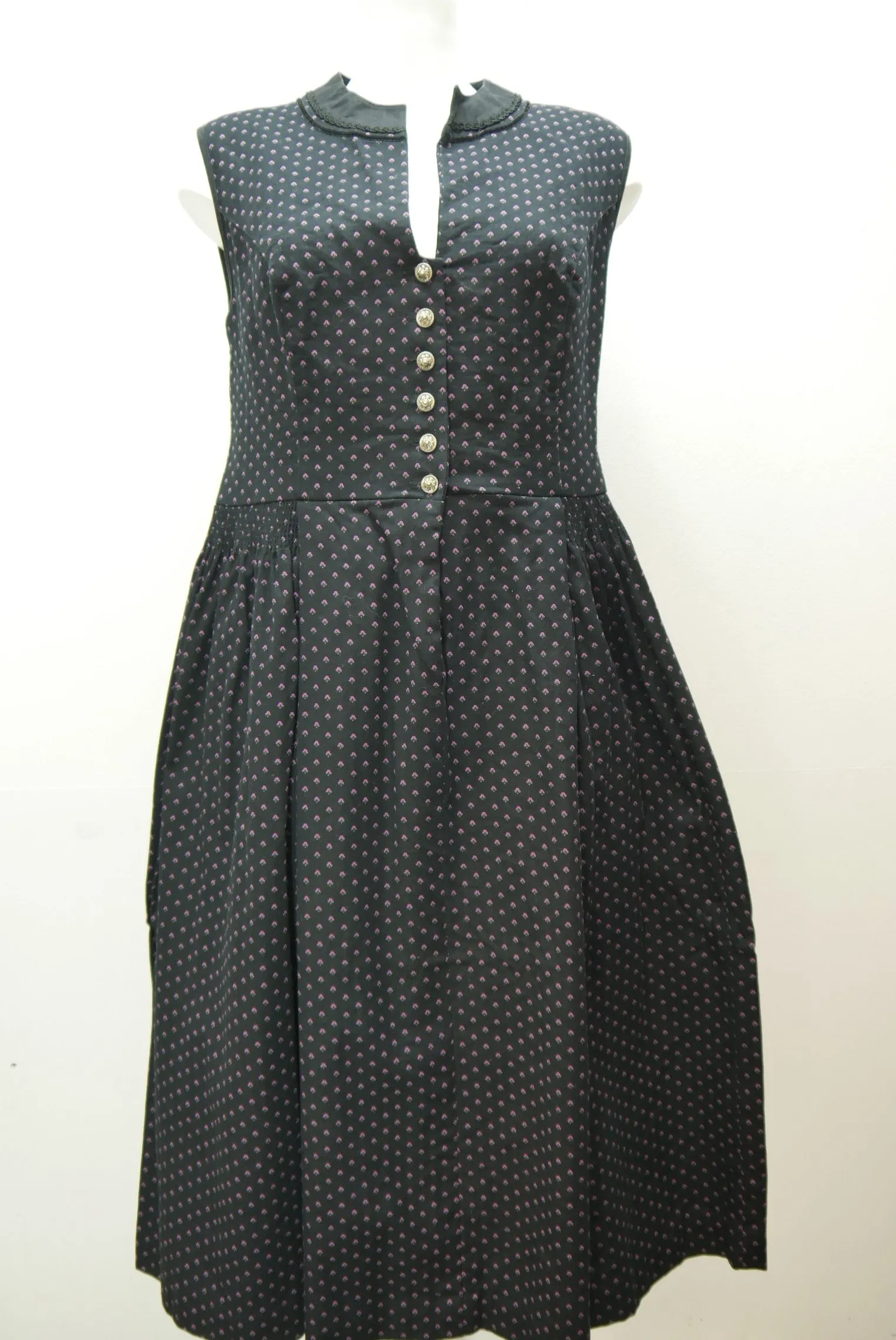 90er Vintage hochgeschlossen Dirndl dicke Baumwolle schwarz Feinmuster Gr.42
