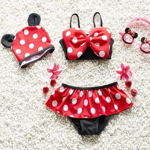 Cute Dots Printed Bowknot Bra + Briefs + Swimming Cap Three-piece Set