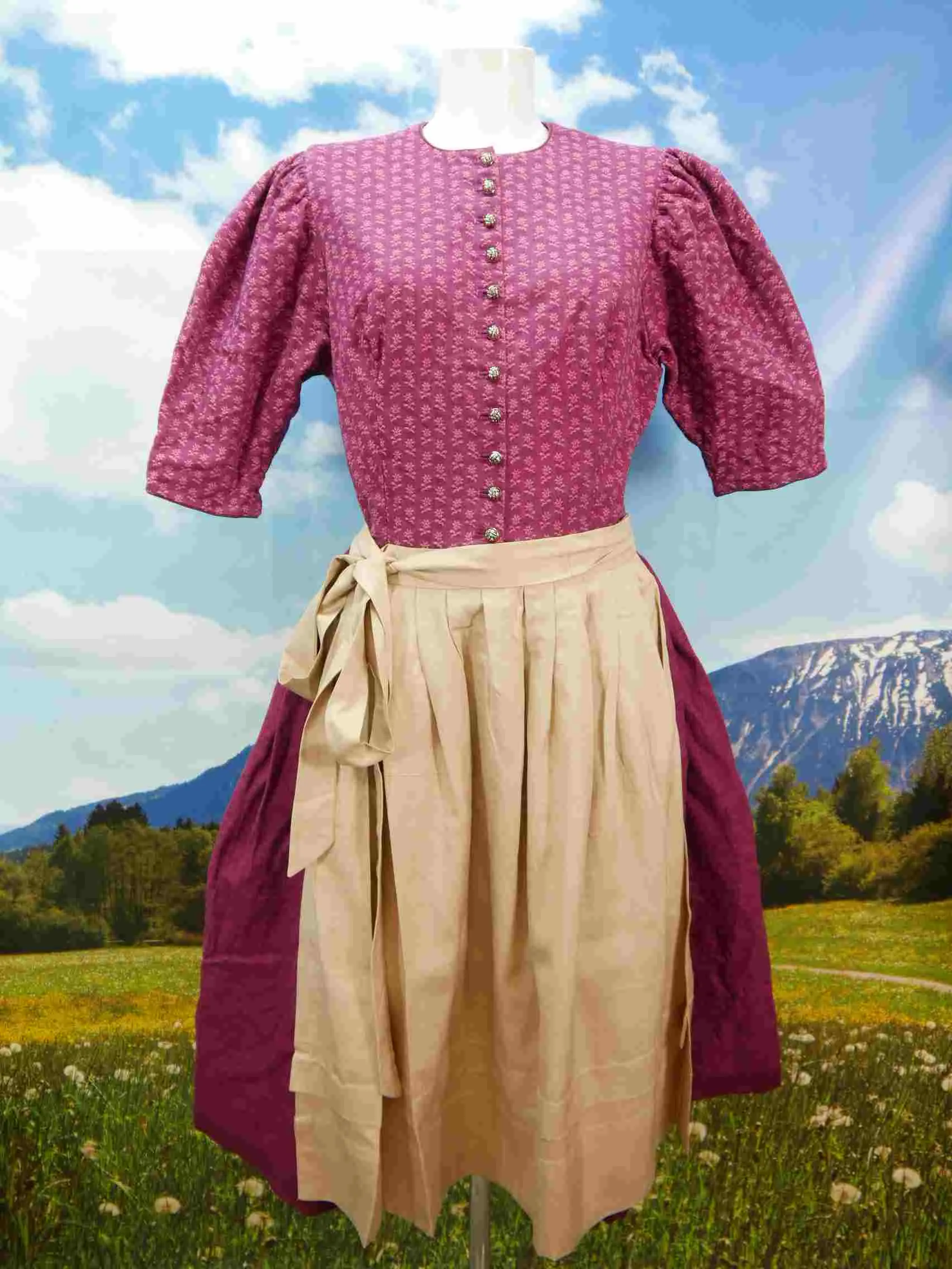 Handgenäht rot hochgeschloßen 60er Jahre süßes Vintage Dirndl mit Schürze Gr.44