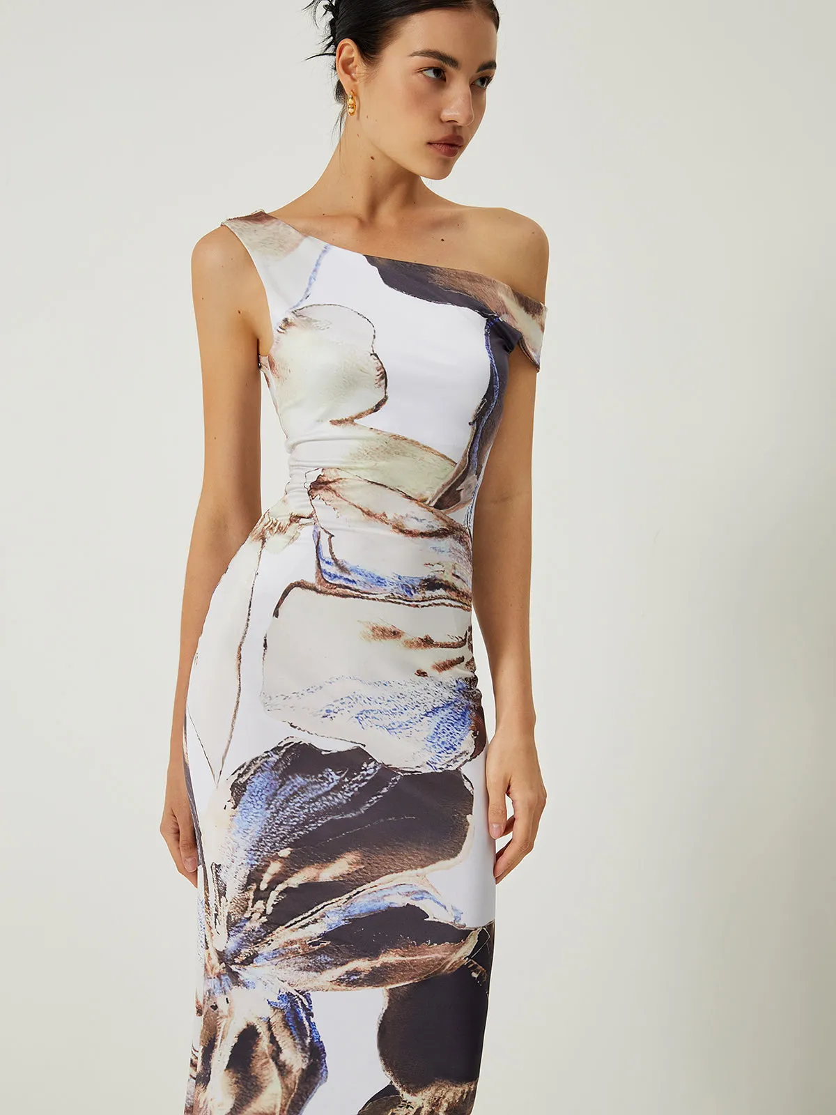 Heidi-Mode | Asymmetrisches, Bedrucktes, Schulterfreies, Langes Kleid