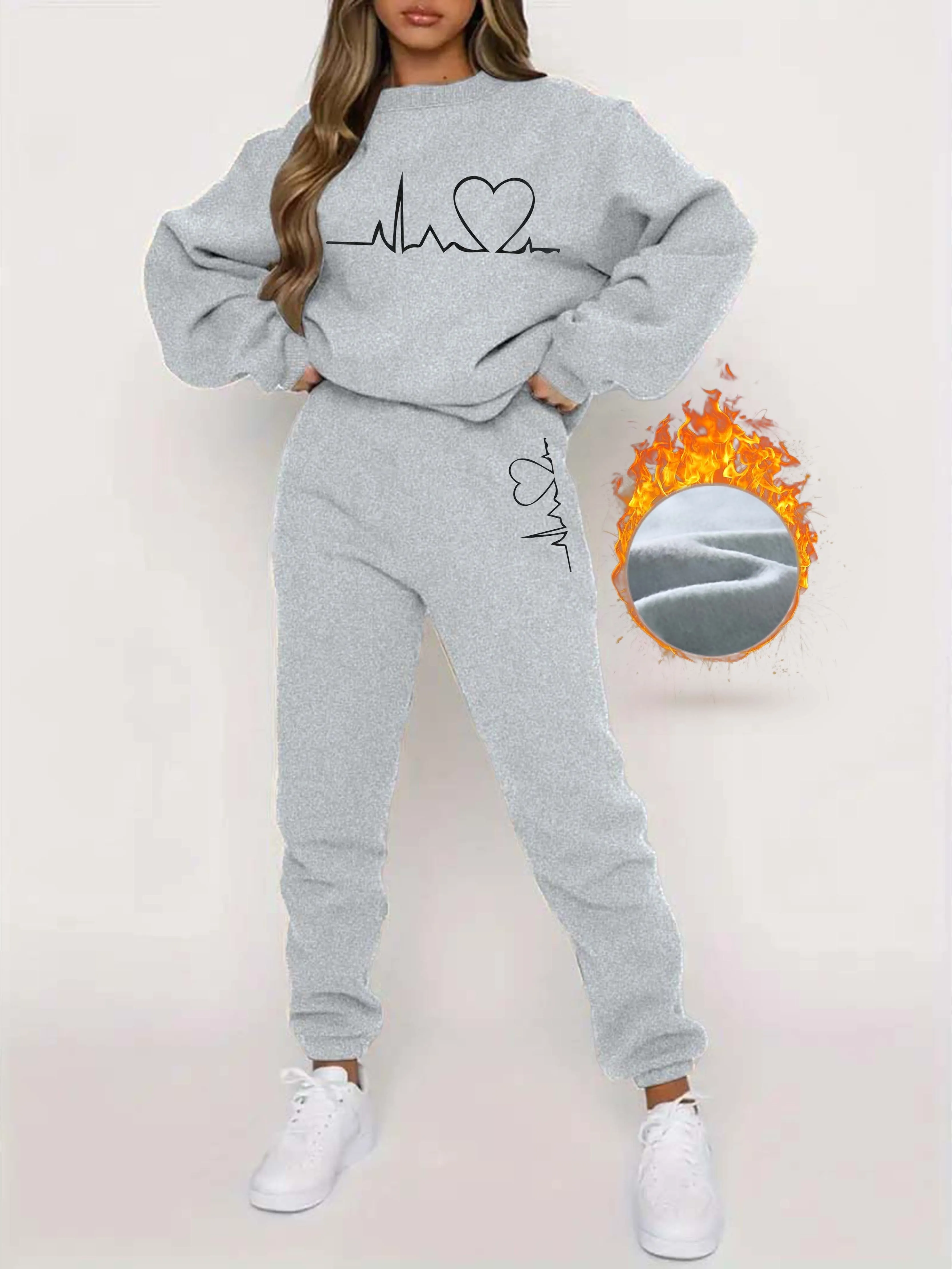 Heidi-Mode | Rundhals Pullover mit Herzdruck & Jogginganzug Set Ideal für Herbst/Winter