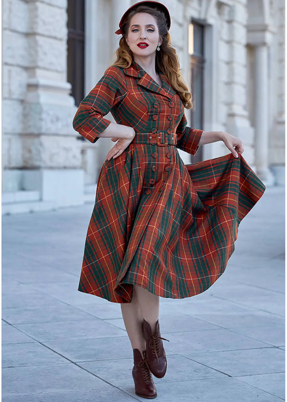 Miss Candyfloss Edrice Fire Tartan 50's Swingkleid Mantel Orange Grün