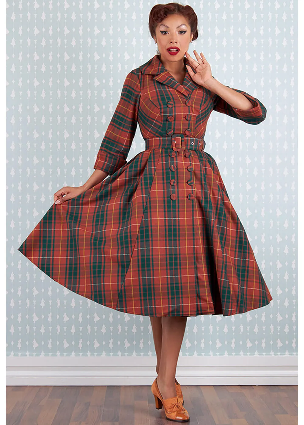 Miss Candyfloss Edrice Fire Tartan 50's Swingkleid Mantel Orange Grün