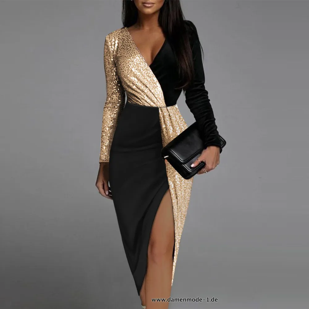 V-Ausschnitt Langarm Sexy Party Kleid Schwarz Gold Pailletten